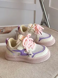 Girls' Casual Sneakers, Casual Trainer Shoes, Korean Style Trendy Colorblock Thick Sole Design, Breathable Hollow Out Mesh, Anti-Slip Rubber Sole