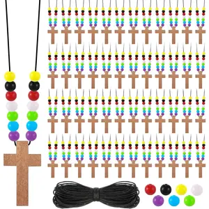 DIY Wood Cross on Cord Pendant Necklace Sunday School Crafts for Kids Wood Cross Necklace with Colorful Beads Religious Party Favor for Vbs Church Easter Gifts