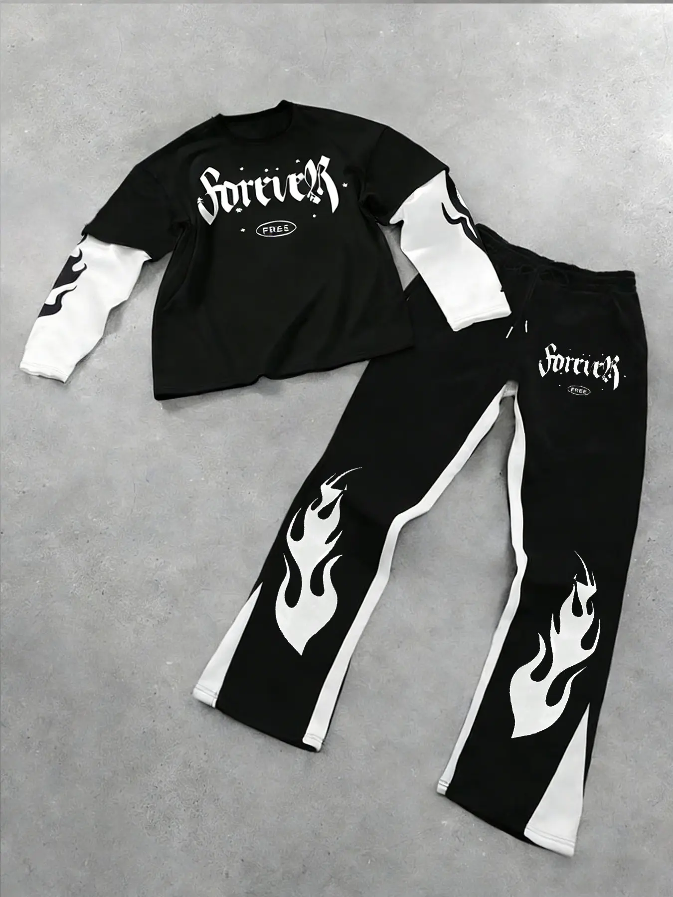 Unisex Y2K Flame Print Graphic Two-Piece Set, Long Sleeve Fitted Top & Wide Leg Pants, Soft Breathable Fabric, Streetwear Fashion, Trouser