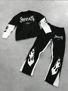 Unisex Y2K Flame Print Two-Piece Set, Long Sleeve Top & Wide Leg Pants, Soft Breathable Fabric, Streetwear Fashion