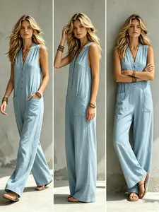 Women's Loose Slimming Sleeveless V-Neck Blend Cotton Linen Jumpsuit, Boho Style Fitted Summer Vacation Casual
