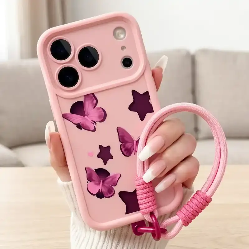 Romantic Butterflies & Stars Protective Phone Case with Lanyard - Casing Cover for iPhone 17/16/15/14/13/12/11 Series Mobile Phone Accessories
