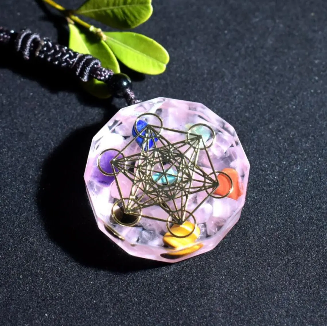 7 Chakra Orgonite Rose Quartz Crystal Pendant Necklace Sri Yantra Sacred Geometry Orgone Female necklace