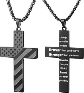 Black Cross Necklace for Men Stainless Steel Silver Plated American Flag Pendant Bible Verse Cross Necklaces Jewelry Gifts 24"(black)