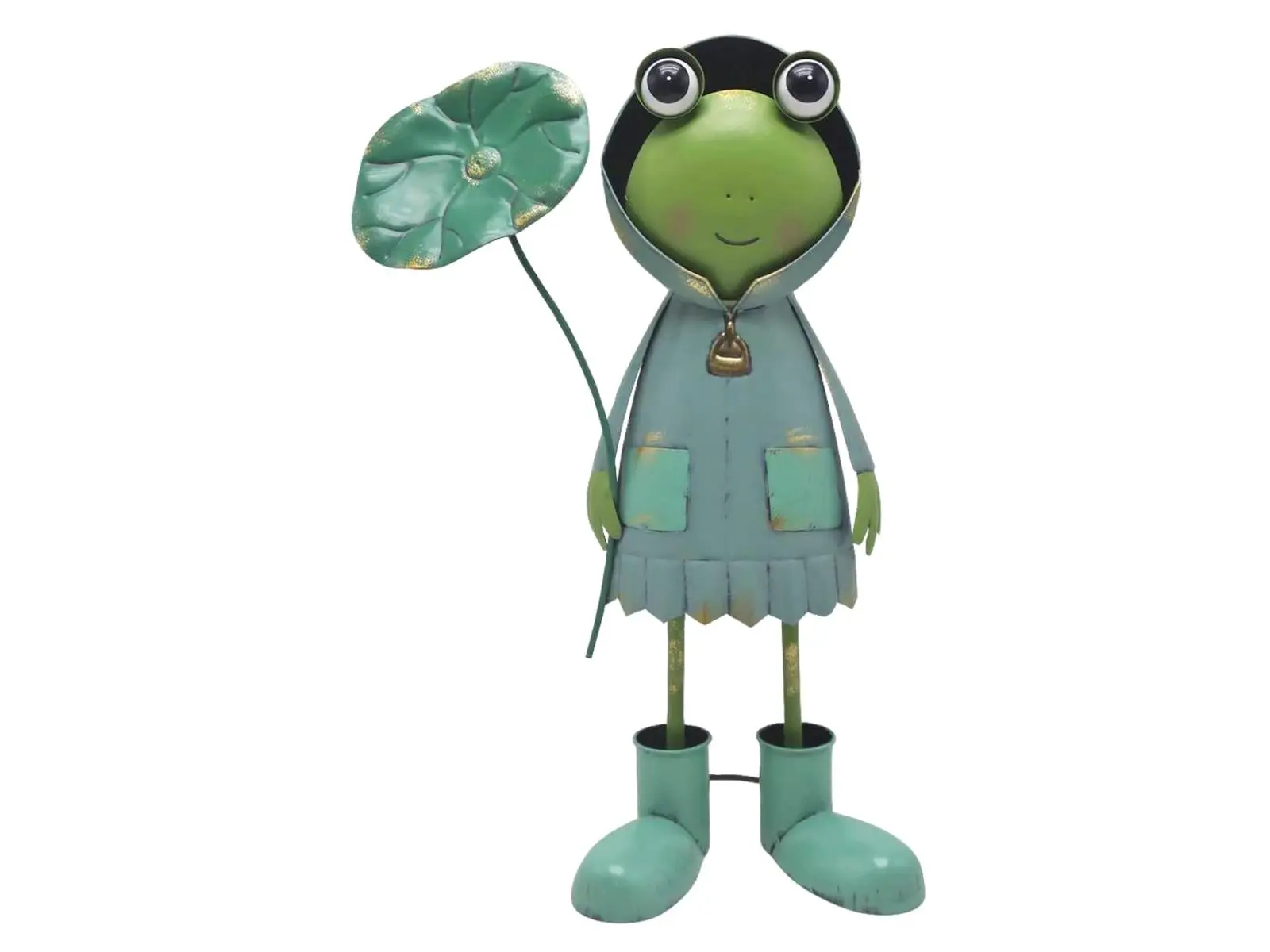 Continental Art Center 24169 Metal Green Frog Garden Statue, 11 Inches (11 x 7 x 18 in), 2 lb, Holding Leaf & Wearing Rain Coat, All Seasons Decor for Everyone