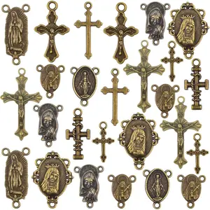 JMKTOOL 50pcs Rosary Cross and Center Miraculous Medal Charms Tibetan Jesus Crucifix Pendants Virgin Mary Oval Chandelier Links for DIY Rosary Necklace Jewelry Making, 10 Styles