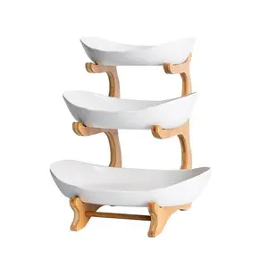 2-3 Layer Fruit Bowl for Kitchen Counter, Plastic Fruit Basket with Bamboo Wood Frame, Multi-Layer Vegetable Storage Tray, Party Snack Dish