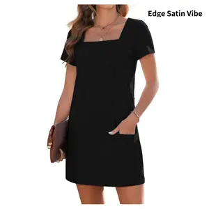 Women's Solid Color Casual Dress Square Neck Short Sleeve Comfortable Basic Mini Dress with Pockets 2026 Women's Fashion Simple Style Spring Summer Clothing