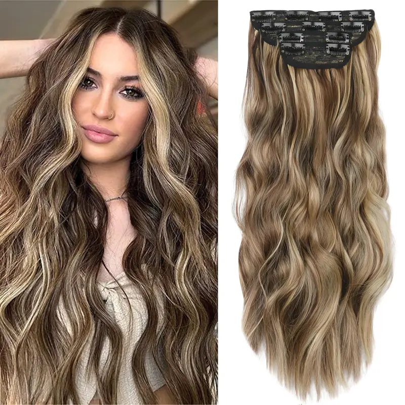 VOSILK Women's 20in Clip-in Hair Extensions - 4PCS 190g Body Wave Blonde Highlighted Medium Brown Natural Fluffy Synthetic Hairpieces, Thick Double Weft, for Adults' Ponytail Hairstyles