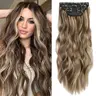 VOSILK Women's 20in Clip-in Hair Extensions - 4PCS 190g Body Wave Blonde Highlighted Medium Brown Natural Fluffy Synthetic Hairpieces, Thick Double Weft, for Adults' Ponytail Hairstyles