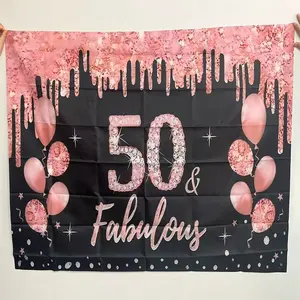 2D Flat 1PC Polyester Banner, 50th Birthday Theme Rose Gold Glitter Balloon, Smooth Draping & Fade Resistant, Luxury Shiny Style, for Birthday Party, Anniversary Celebration, Gathering Decoration, Photography Backdrop, Window Display, Indoor & Outdoor Use
