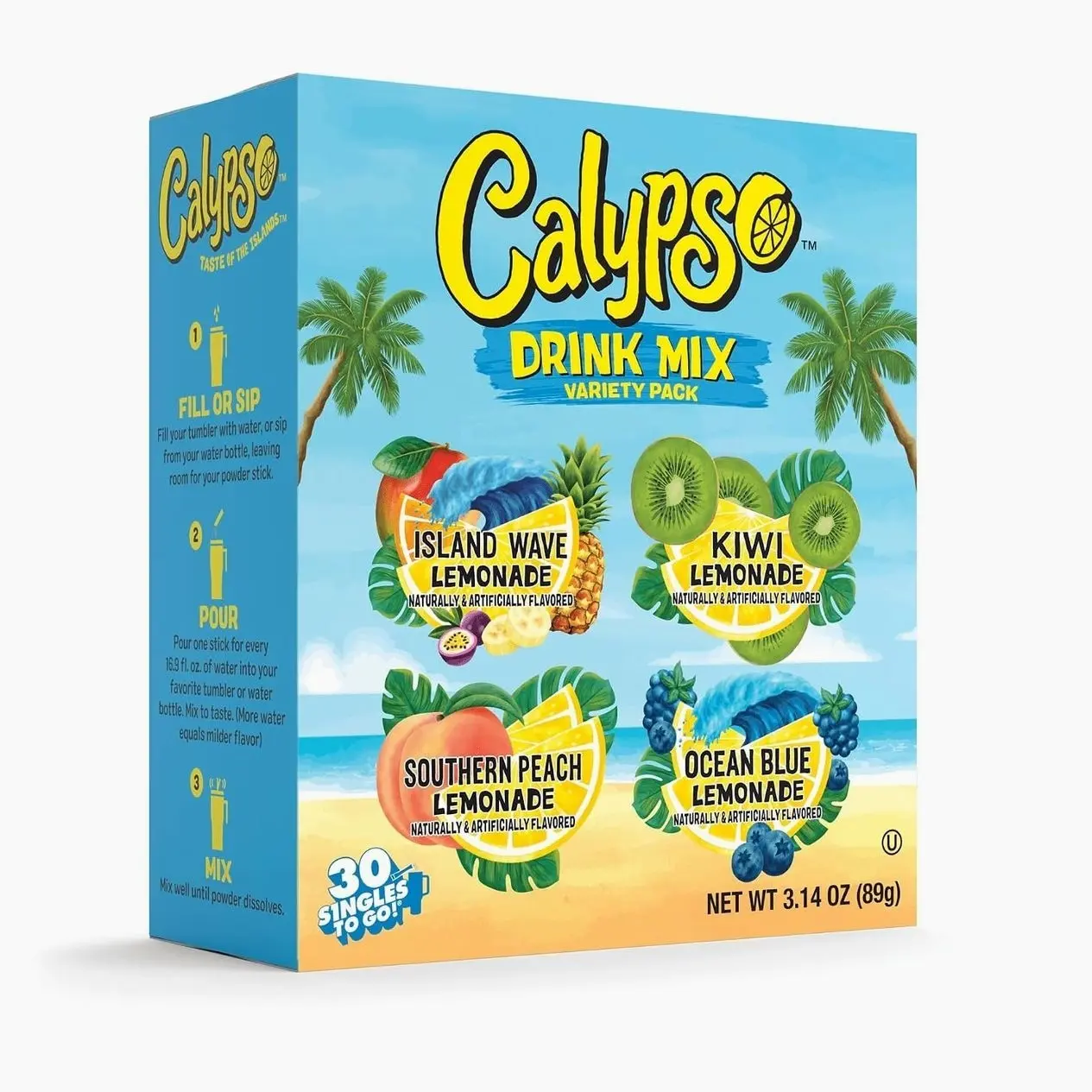 Calypso Singles To Go! drink mix variety pack – lemonade on-the-go powdered drink mix packets – low calorie water enhancer – Island Wave, Kiwi, Southern Peach, Ocean Blue, 30 count