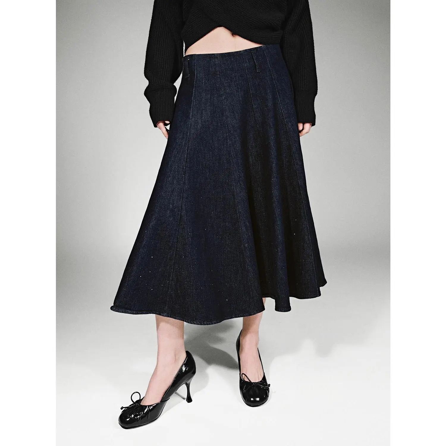 URBAN REVIVO Women's Fitted Midi Skirt - 2026 Spring Fashion New Elegant Chic Bottom, Medium-Stretch Cotton Fabric, Rhinestone-Bead Embellished Pleated, Hip-Flatter Fit, Denim Option, XXS Size Available, Long Skirts, Do Not Dry Clean, UWG860004, 4% Other,