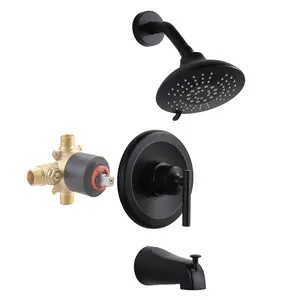 WOWOW Matte Black Brass Single-Handle Shower Head Combo - 5-Spray Round Rain Filtered Shower Head, Tub Spout, Temperature Control, Included Valve