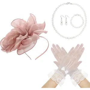 Tea Hat Fascinators Headband and Gloves Pearl Set for Women Tea Halloween Cocktail Wedding