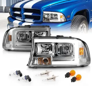 AmeriLite for Dodge 1997-2004 Dakota / 98-03 Durango C-Type LED Tube Chrome Replacement Headlight Set - Passenger and Driver Side