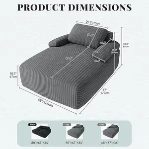 YITAHOME 67"L x 48"W Chaise Lounge Chair Indoor, Oversized Corduroy Upholstered Boneless Sofa Bed, Deep-Seat Sleeper Couch, Reading Chair, Cloud Sofa Couch for Living Room, No Assembly Required, Grey