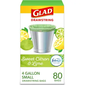 Glad Small Trash Bags 4 Gallon, Febreze Sweet Citron & Lime Garbage Bags, Odor Resistant with Drawstring, 80 Count