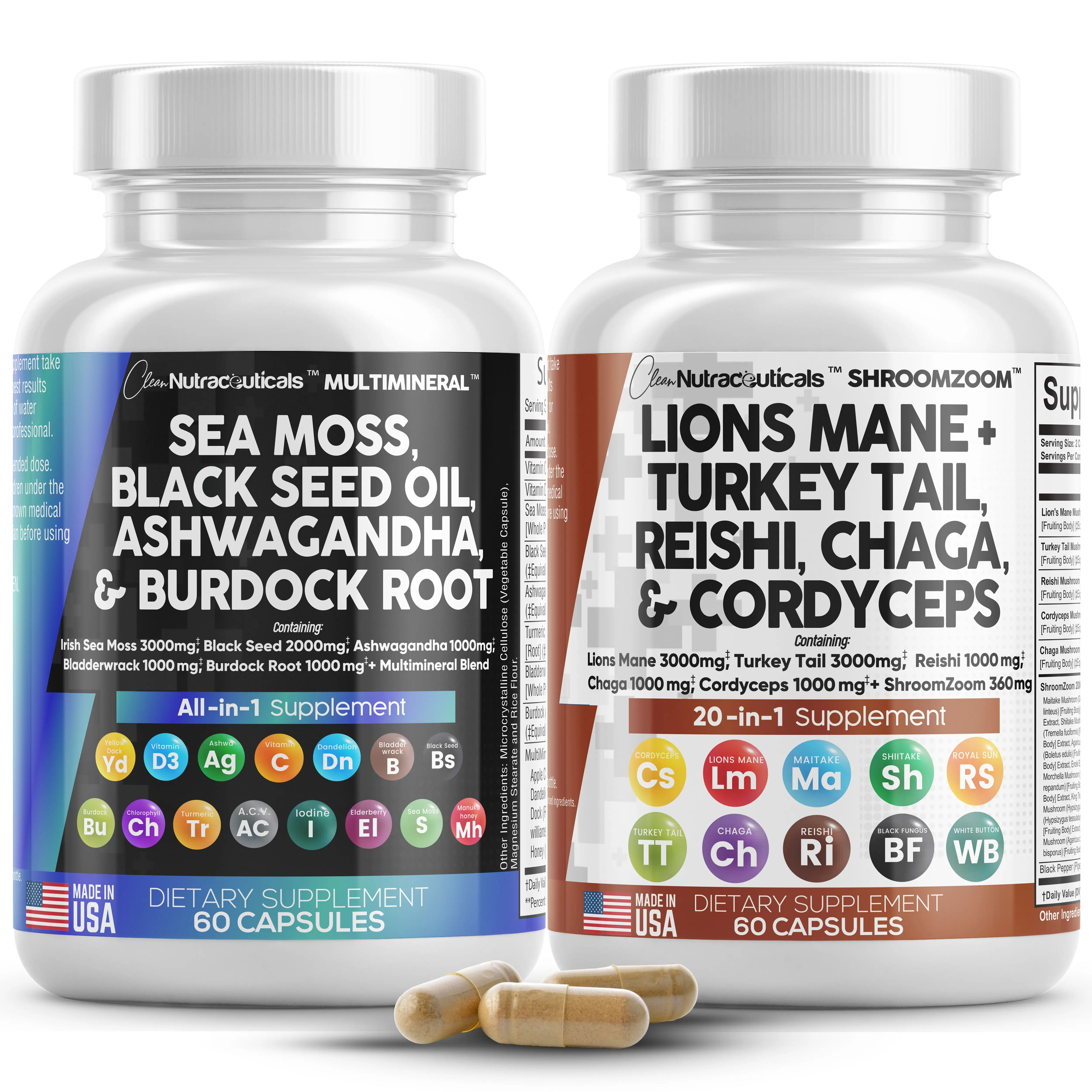 Clean Sea Moss + Lions Mane Mushroom Supplement Bundle with Cordyceps Chaga Reishi Plus Black Seed Oil, Ashwagandha & Burdock Root- Made in USA ashwa