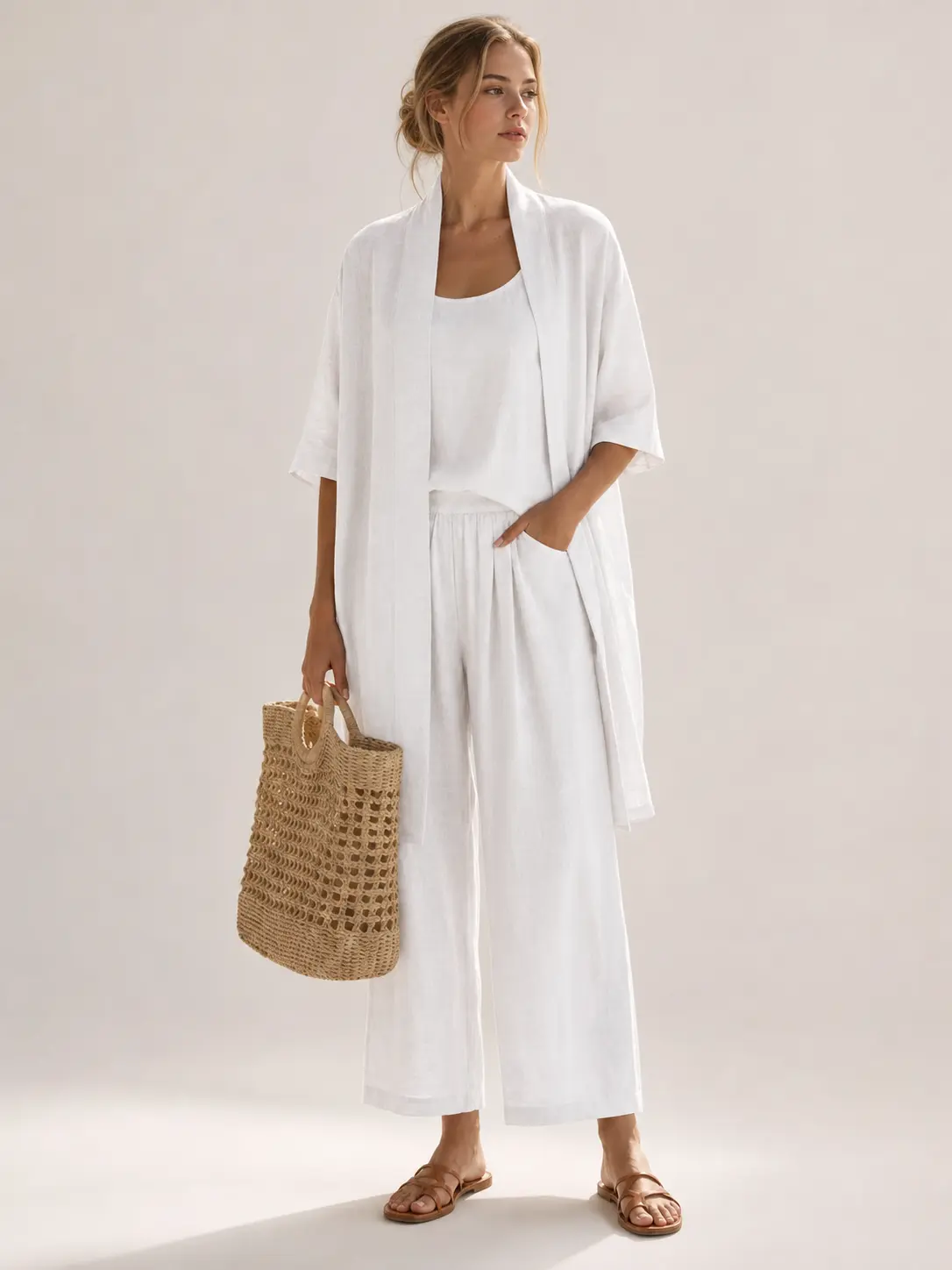 Women 3 Piece Outfit Set Elegant OL Workwear Open Front 3/4 Sleeve Cardigan Sleeveless Tank Top Wide Leg Long Pants Solid Color Asymmetric Patchwork Polyester Linen Blend Casual Vacation Loungewear Suit For Spring Summer Autumn Winter S-XXXL Plus Size