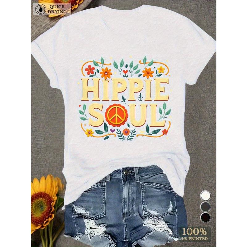 teediy HIPPIE SOUL Women's Comfit T-Shirt Regular Fit Short Sleeve, Geometric Floral Peace Sign Print, Lightweight  Machine Washable Casual Top for All Seasons