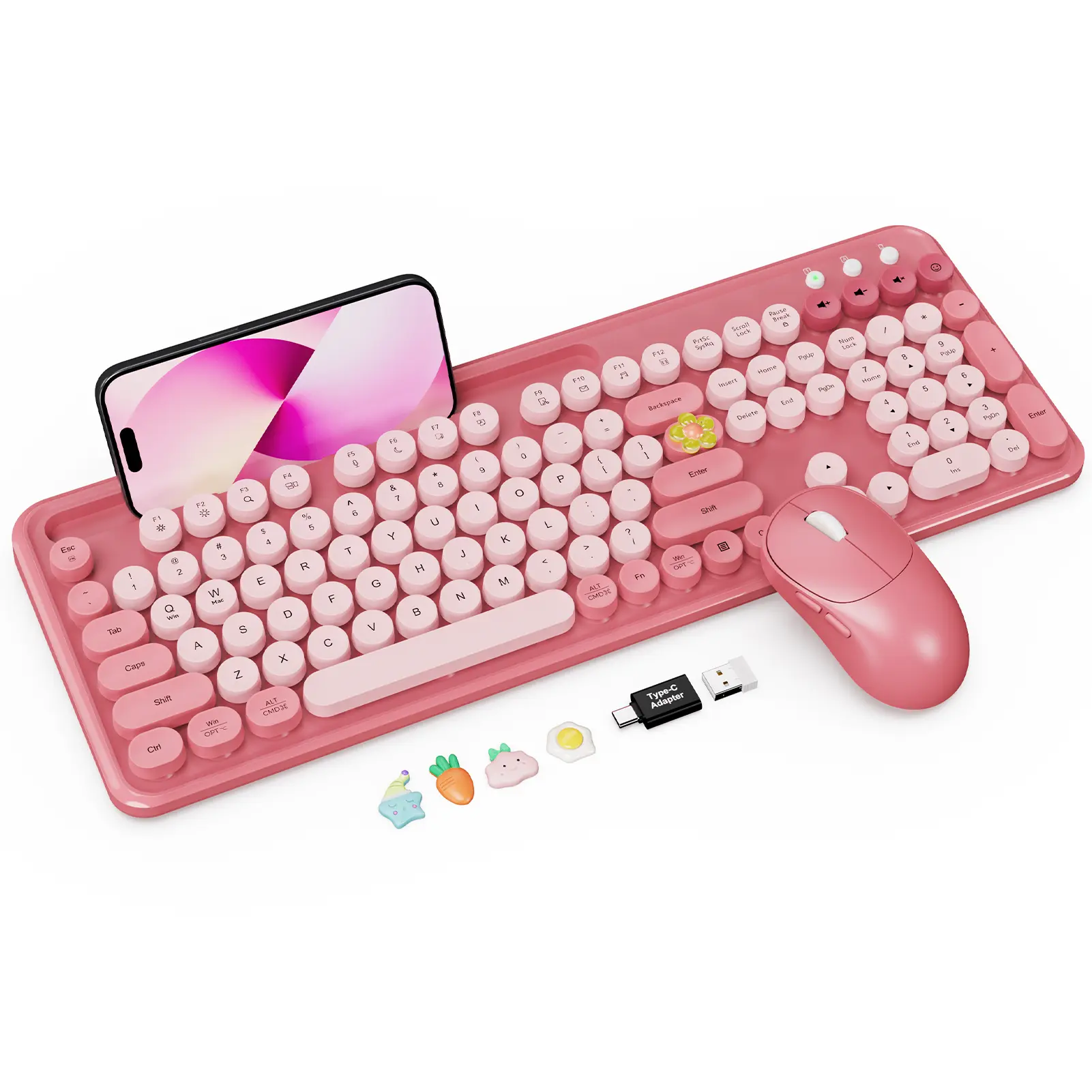 Trueque CK13 Wireless 2.4GHz RF Keyboard and Mouse Combo - Full Size, Round Caps, Typewriter Keys, Rose Color, Phone/Tablet Holder, 3-Level DPI Mouse, Auto Sleep for Mac Windows PC Laptop