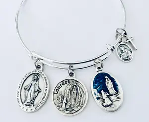 Our Lady of Lourdes Bracelet Saint Bernadette Miraculous Medal Silver Expandable Charm Bangle