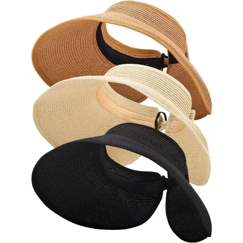 Women's 3pcs Foldable Straw Sun Visor Hats - Wide Brim, Ponytail Design, Adjustable Sun Hat, Elastic Fit for Summer Beach, Easy Skin Protection