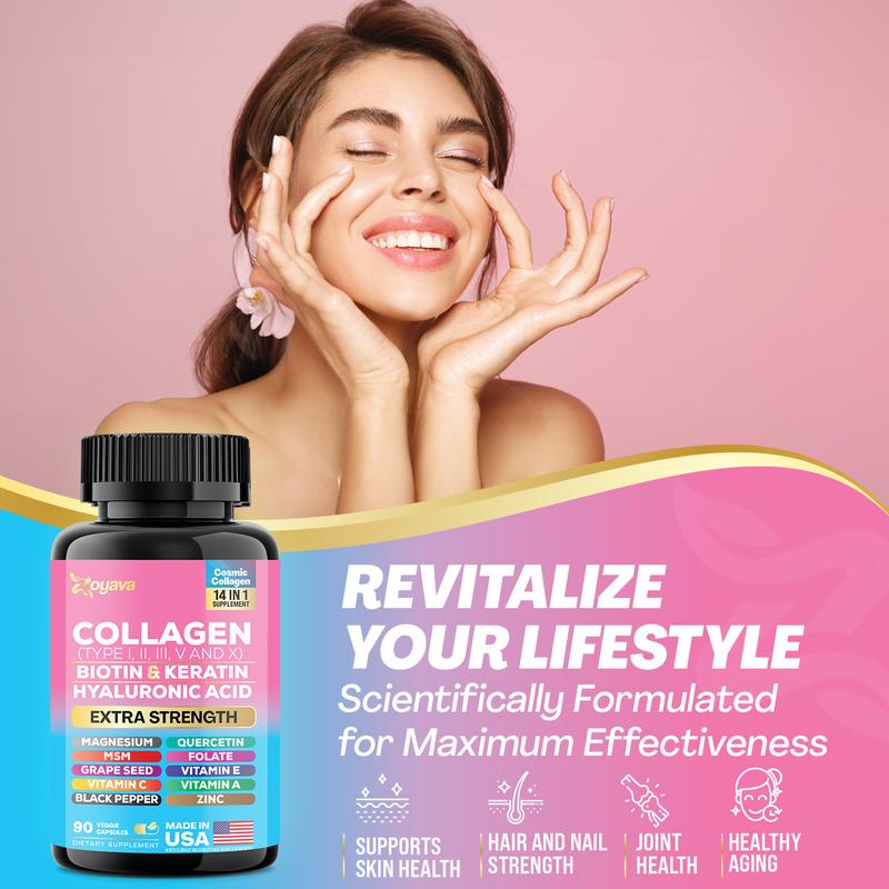 Zoyava Collagen Supplement - Type I, II, III, V and X - with Biotin, Keratin, Hyaluronic Acid & 13+ Extra Strength Ingredients for Beauty, Fitness, & Healthcare - 90 Capsules - MADE IN USA