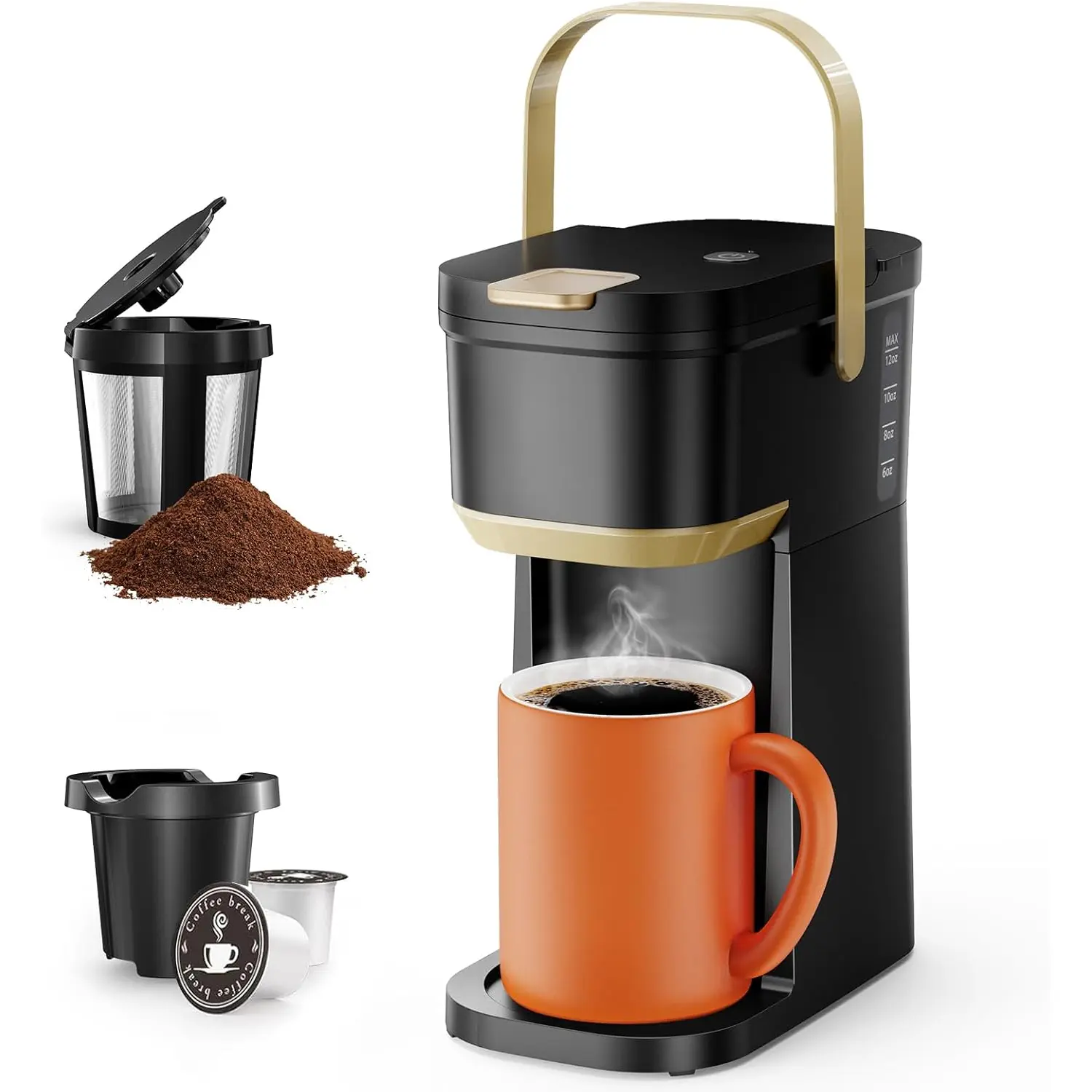 Single Serve One Cup Coffee Maker, for K Cups and Grounds, Mini Coffee Maker with Portable Handle, 6 to 12 Oz Brew Size, for Travel, Camping, Office, RV and Dorm, 120V, Black and