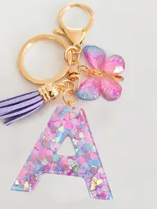New Cute Initial Keychain with Resin Glitter Flower Tassel, 26 Letter Pendants, Capital Letters, Bag Charm Gift for Women Girls Students, Floral Pattern Keychain, Trendy Cute Keychain