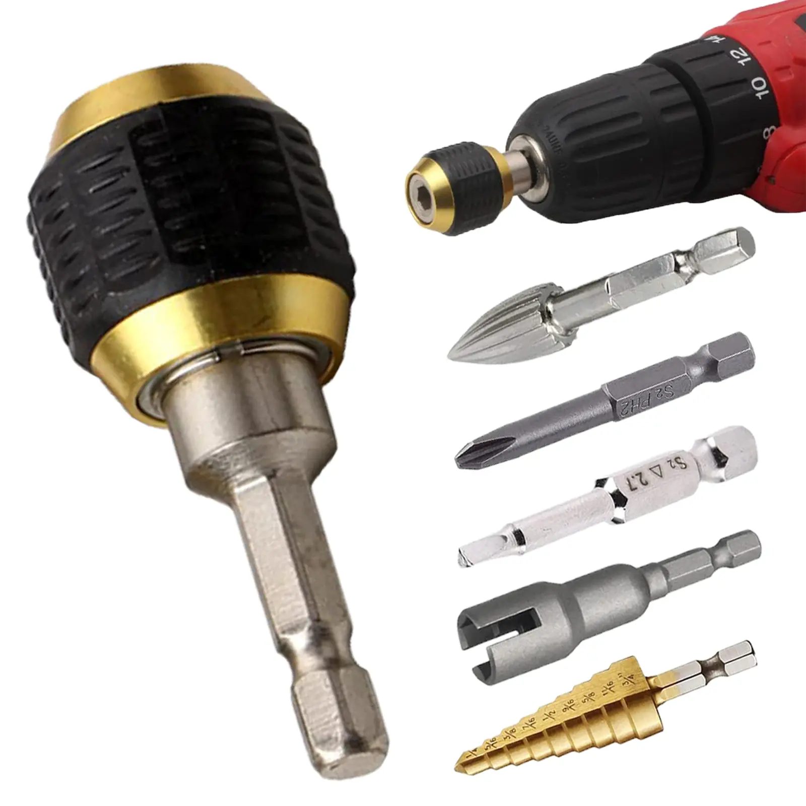 Self-Locking Drill Bit Holder Set with 1/4 in (6.35mm) Hex Shank Quick Coupling Extension Rod, High-Efficiency Spring Quick Release Chuck Adapter, Stable Lock for Power Drills, Hand-Held Drivers, Single Bit Impact Set