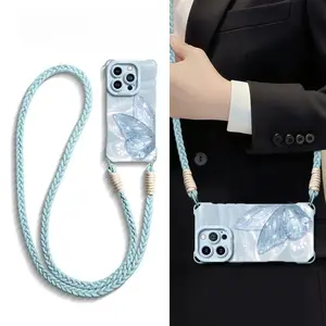 Pastel Ice Blue 3D Glitter Crystal Butterfly iPhone 15/14 Pro/Pro Max Case | Crossbody Strap | Luxury Delicate Wearable Aesthetic Protective Cover
