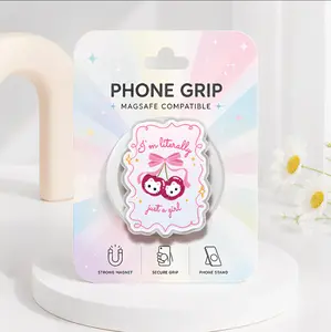 Pink Cherry Heart MagSafe Phone Grip, Cute Pink Heart Phone Holder, Cherry Coquette Phone Accessory, Pink Bow Kindle Holder, Girly Cherry Gift