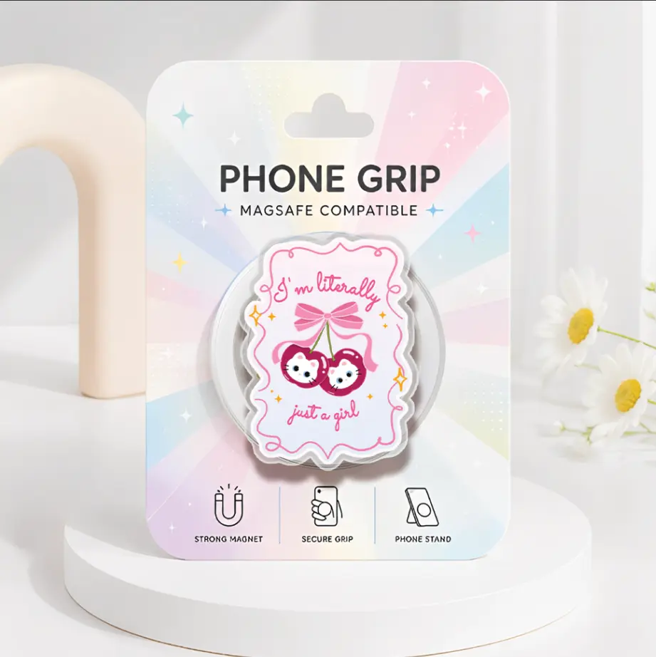 Pink Cherry Heart MagSafe Phone Grip, Cute Pink Heart Phone Holder, Cherry Coquette Acrylic Phone Accessory, Pink Bow Kindle Holder, Girly Cherry Gift