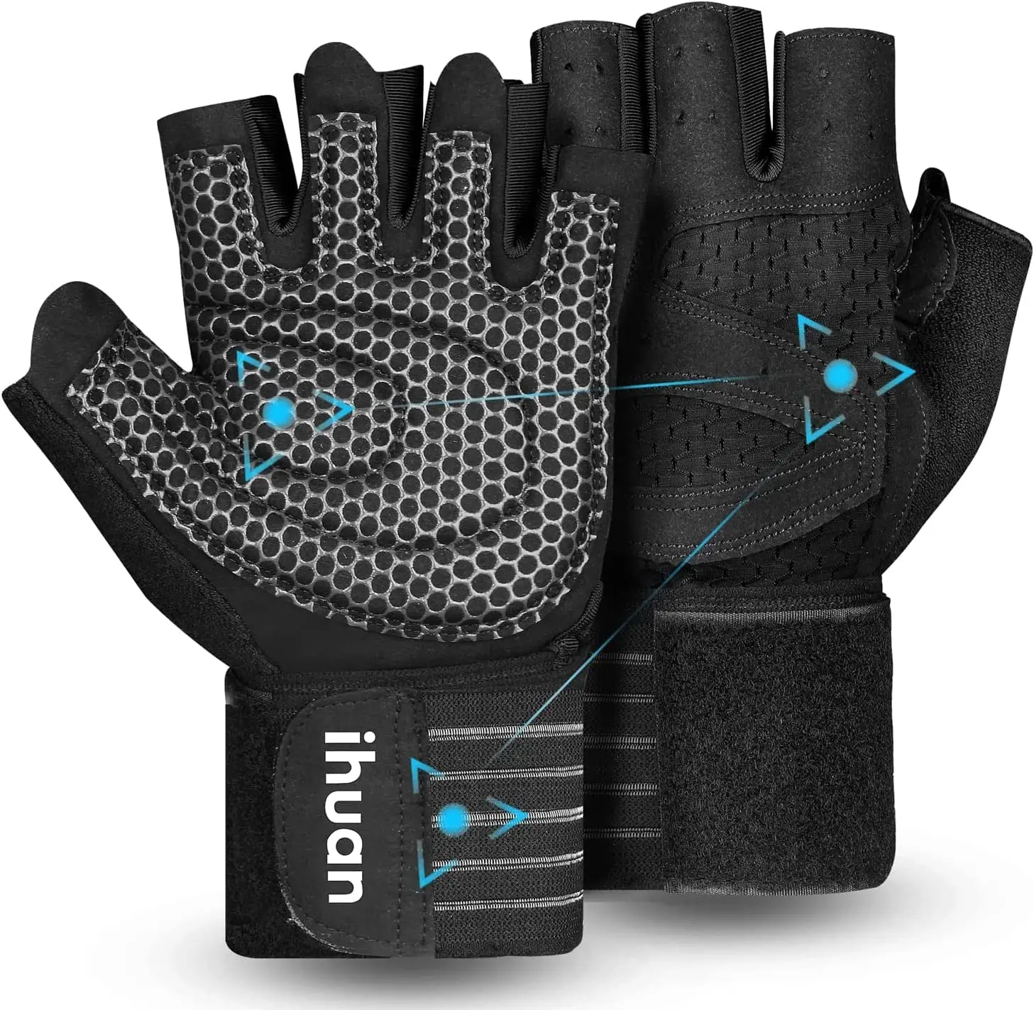 Ihuan Ventilated Weight Lifting Gym Workout Gloves with Wrist Wrap Support for Men & Women, Full Palm Protection, for Weightlifting, Training, Fitness, Hanging, Pull Ups ihuan