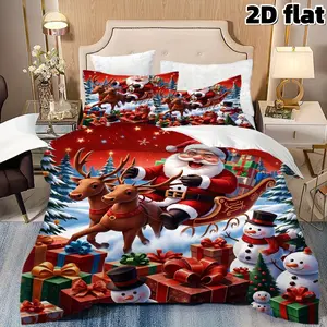 2D Flat 3Pcs Christmas Santa Claus Bedding Reindeer Sleigh Snowman Printed Duvet Cover Winter Holiday Red Microfiber Quilt Cover with 2 Pillowcases Gift Pattern Bedroom Home Decoration Christmas Gift