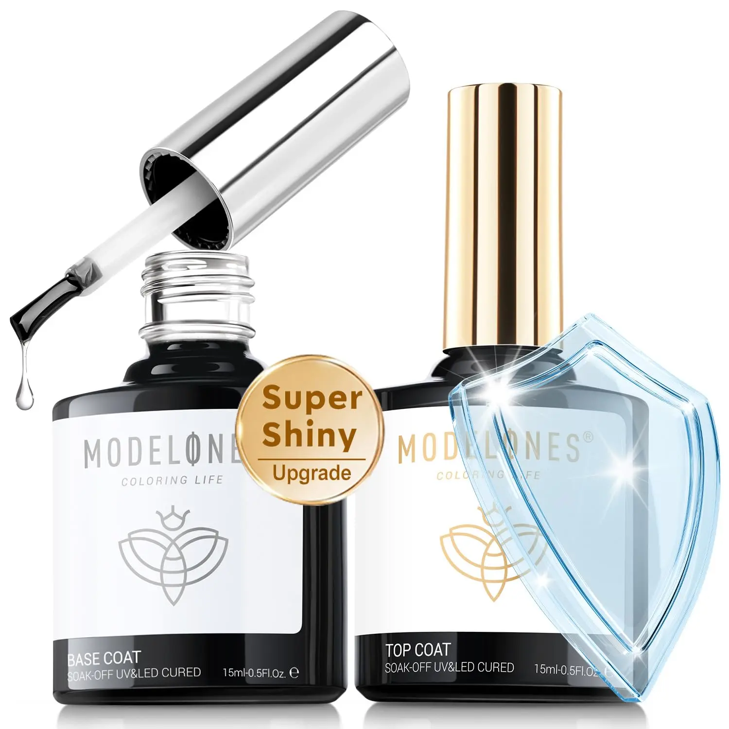 Modelones Gel Top Base Coat Set 15ml 2026 Upgrade No Wipe Super Shine | Clear Glossy Gel Polish Acid Free Shiny for Press Ons Acrylic Gel Nail Art Soak Off U V Lamp Cure DIY Home Salon Manicure
