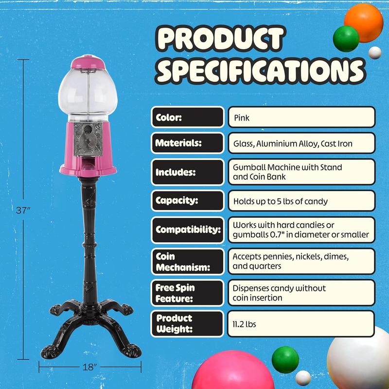 15" Gumball Machine with Stand and Coin Bank - Bubble Gum Machine Candy Dispenser with Glass Globe and Metal Base - Vintage Style Gum Ball Vending Dispenser by Great Northern Popcorn (Pink)