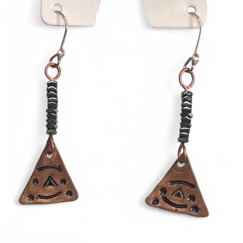Engraved Metal Triangle Drop Earrings - Handcrafted with Unique Design and Black Beads