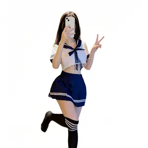 Women's Japanese mermaid costume set, consisting of a cute navy blue short-sleeved top, a high-waisted mini skirt, an academic-style bow tie two-piece outfit, a costume set, and lingerie for purposes.