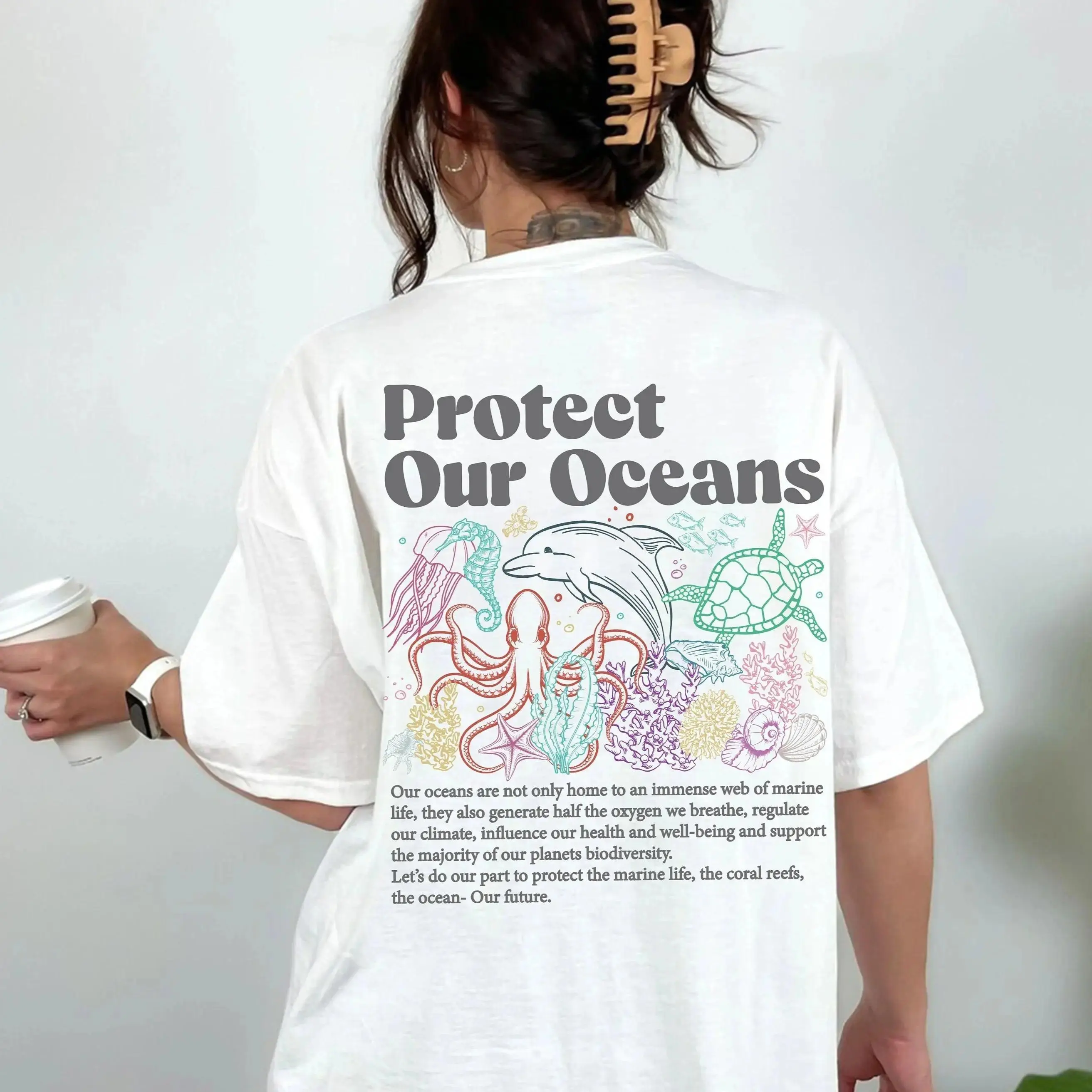 protect our oceans marine life graphic tshirt, ocean conservation oversized tee, men's environmental awareness streetwear casual cotton top, ocean lover daily wear gift shirt