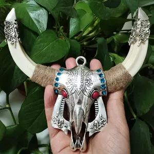 Wild Boar Teeth Amulet Pendant Embedded Alloy Ox Head Boar's Tusk Handmade Silver OX Head Pendant Tibetan Fashion Accessories