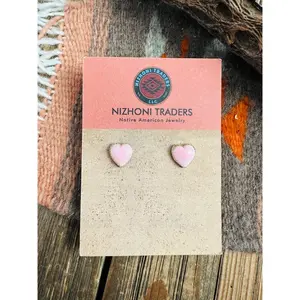 Navajo Queen Pink Conch & Sterling Silver Heart Stud Earrings