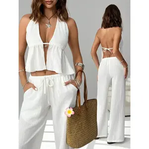 Women’s 2-Piece Casual Fitted Fashion Sexy Backless Simple Tie-Neck Sleeveless Vest Top + Solid Color Elastic Waist Straight-Leg Pants Set