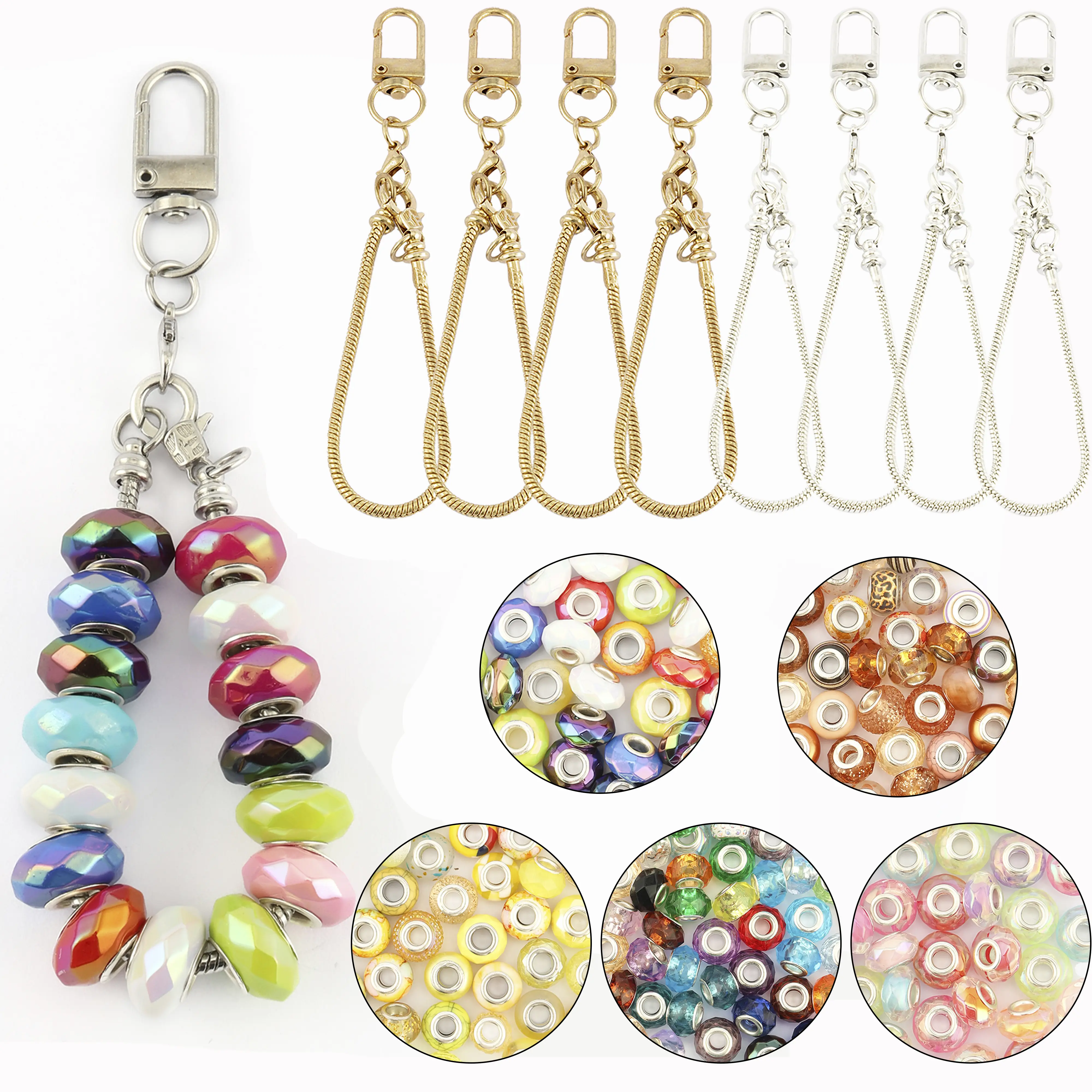 70-piece beaded keychain large-hole bead set. The keychains are equipped with large-hole beads, and there are multiple options available. It's a DIY keychain that is suitable for handmade bags, wedding decorations, and holiday gifts.