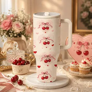 1 Pc 40oz Double Layer Insulated Mug, Tumbler, Cherry Bow Pattern Thermal Mug, Double Wall Vacuum Mug with Straw Lid and Handle, Keeps Hot 12 Hours, Cold 24 Hours, Large Capacity Car Cup for Hot Cold Drinks, Gift for Women Holiday Daily Use