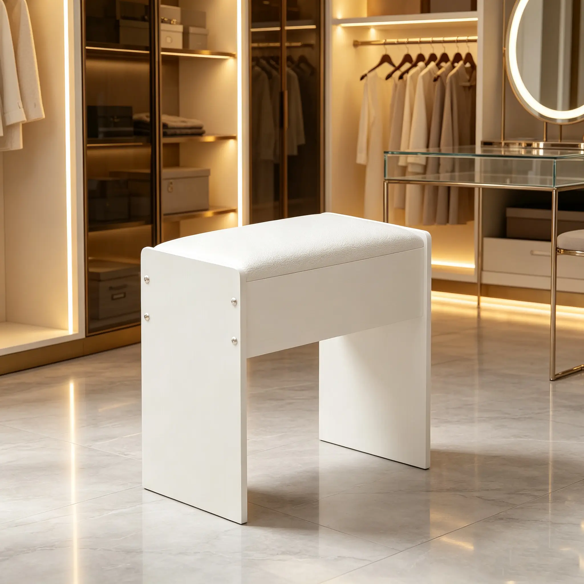 White Modern Vanity Stool Chair - Indoor Furniture for Makeup Vanity, Piano Seat Counter Height Stool