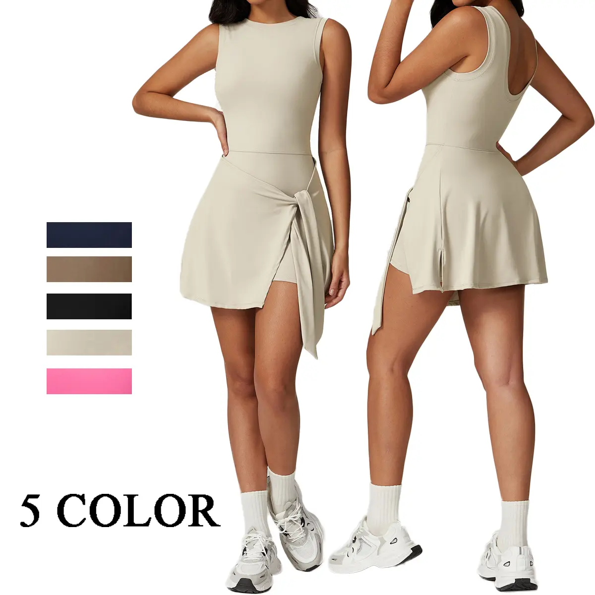 Women's Backless Active Dress with Built-in Shorts, Sleeveless High Neck Golf Tennis Workout Dress with Side Tie, Golf Tennis Dress