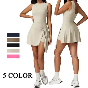 Women's high neck round neck dress sleeveless wrap skirt with built-in shorts, golf sportswear, sports jumpsuit, side bow tie, fashionable dressing